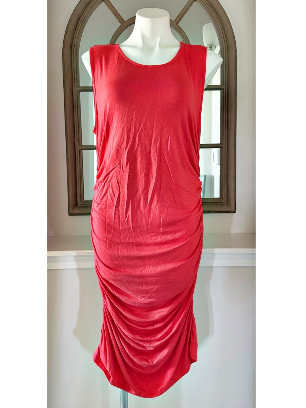 Kenneth Cole NY Sleeveless Ruched Bodycon Dress in Spiced Coral, Size XL, $149